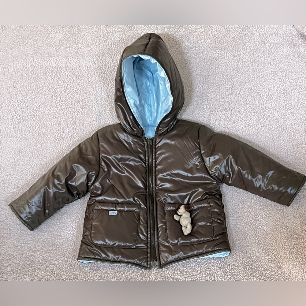 Baby Lili Gaufrette Reversible Puffer Coat Jacket Blue Brown 18 Months Bear EUC